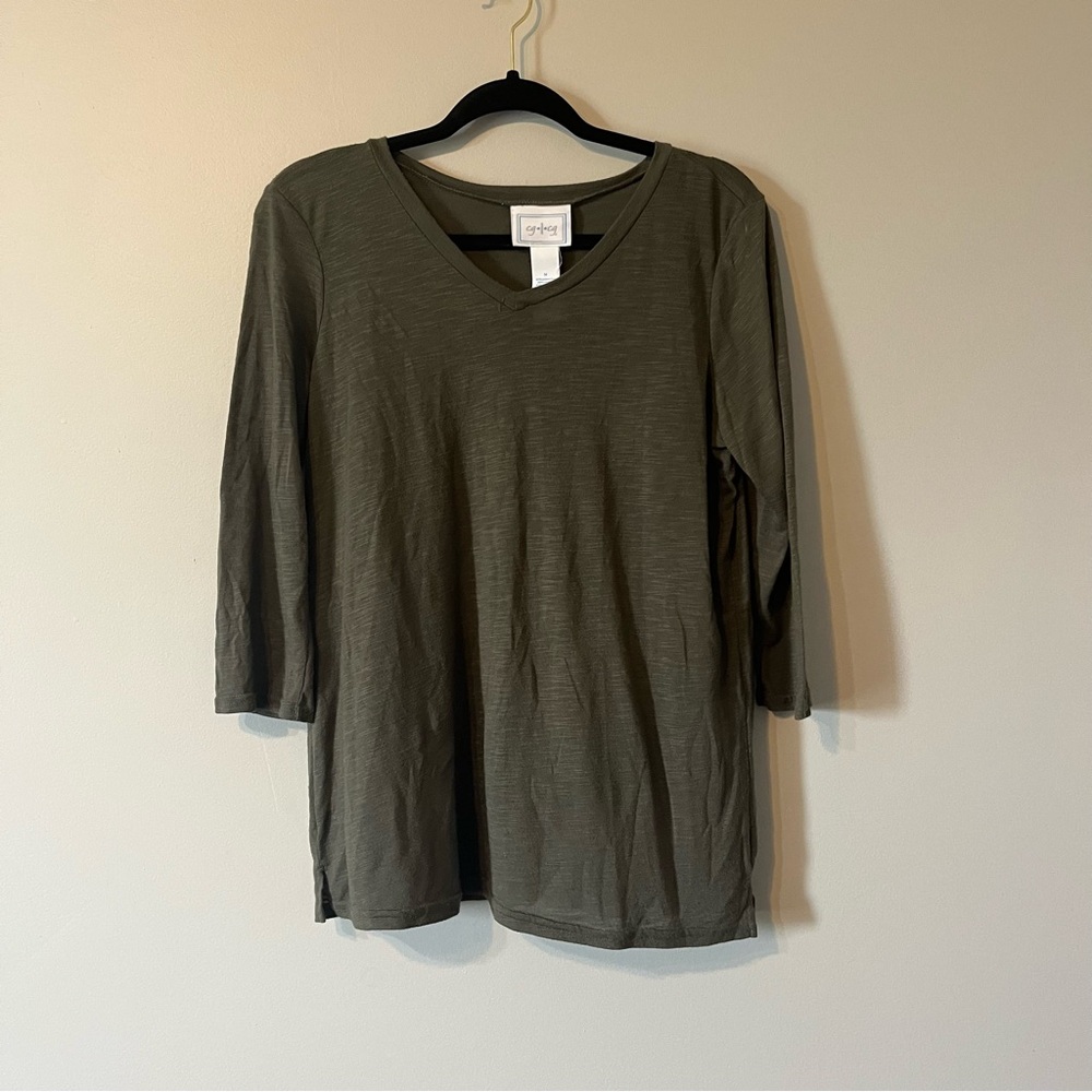 Dark Green V-Neck Long Sleeve Top